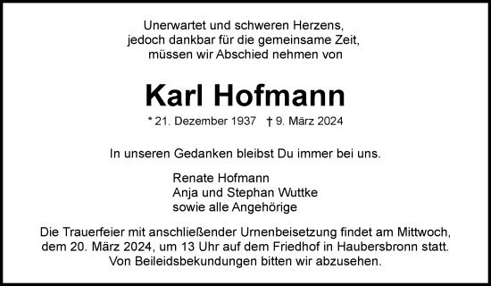 Traueranzeige von Karl Hofmann von Waiblinger Kreiszeitung