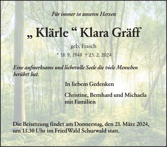 Traueranzeige von Klara Gräff von Waiblinger Kreiszeitung