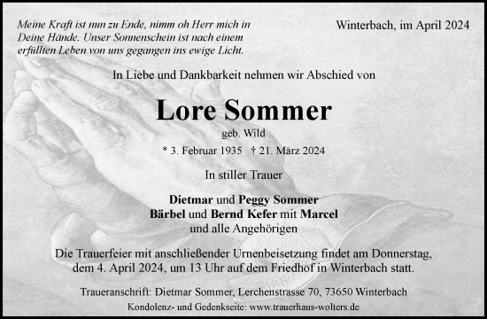 Traueranzeige von Lore Sommer von Waiblinger Kreiszeitung