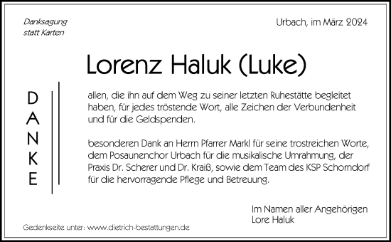 Traueranzeige von Lorenz Haluk von Waiblinger Kreiszeitung