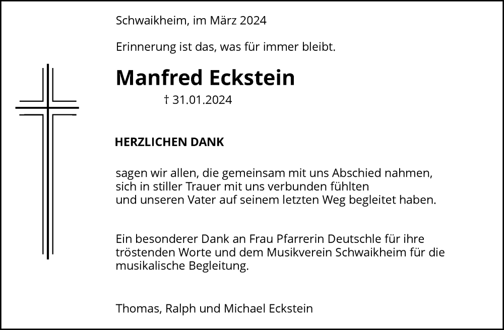  Traueranzeige für Manfred Eckstein vom 16.03.2024 aus Waiblinger Kreiszeitung