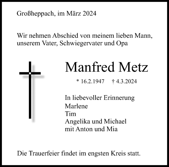 Traueranzeige von Manfred Metz von Waiblinger Kreiszeitung