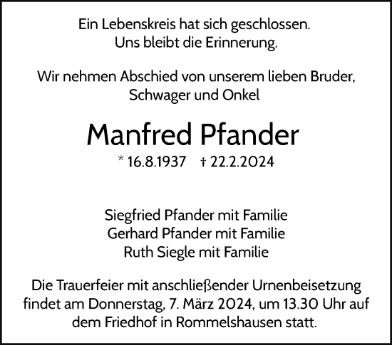 Traueranzeige von Manfred Pfander von Waiblinger Kreiszeitung