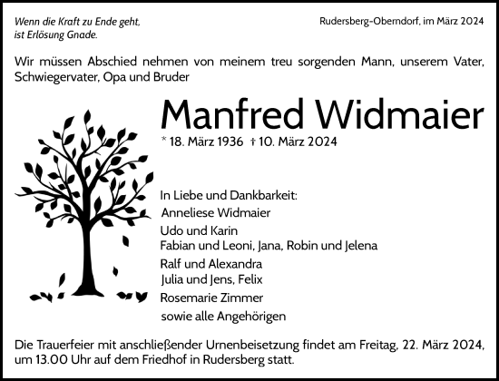 Traueranzeige von Manfred Widmaier von Waiblinger Kreiszeitung