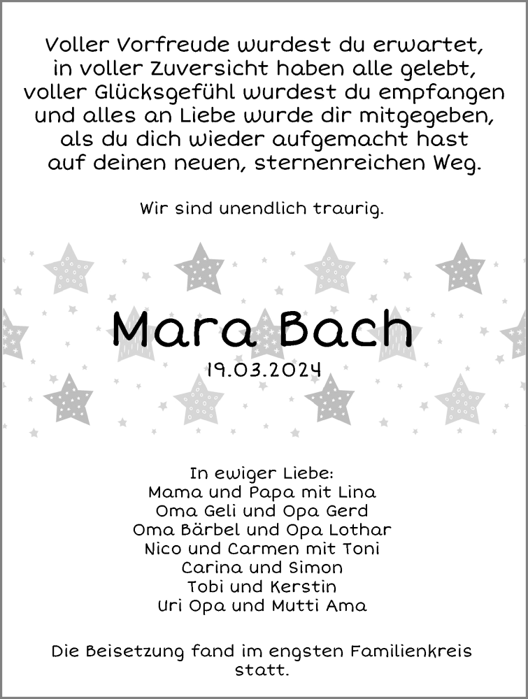  Traueranzeige für Mara Bach vom 23.03.2024 aus Waiblinger Kreiszeitung