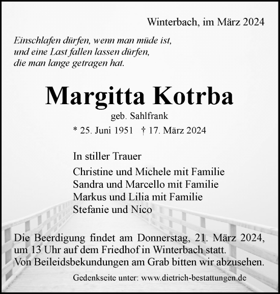 Traueranzeige von Margitta Kotrba von Waiblinger Kreiszeitung