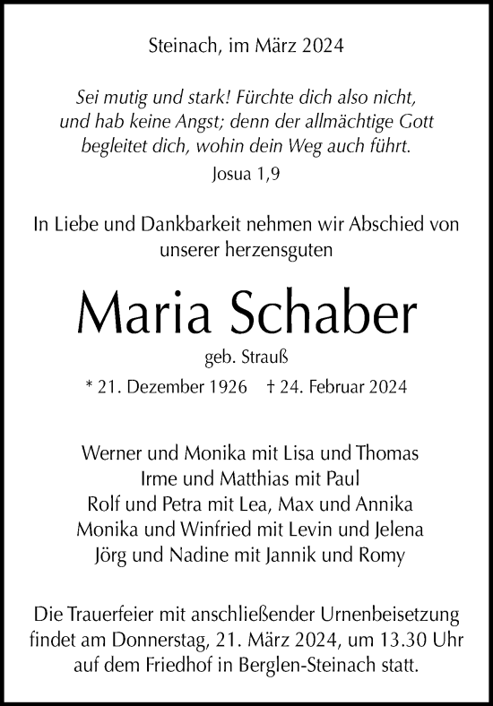 Traueranzeige von Maria Schaber von Waiblinger Kreiszeitung