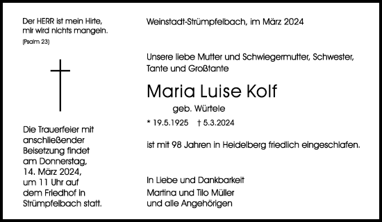 Traueranzeige von Maria Luise Kolf von Waiblinger Kreiszeitung