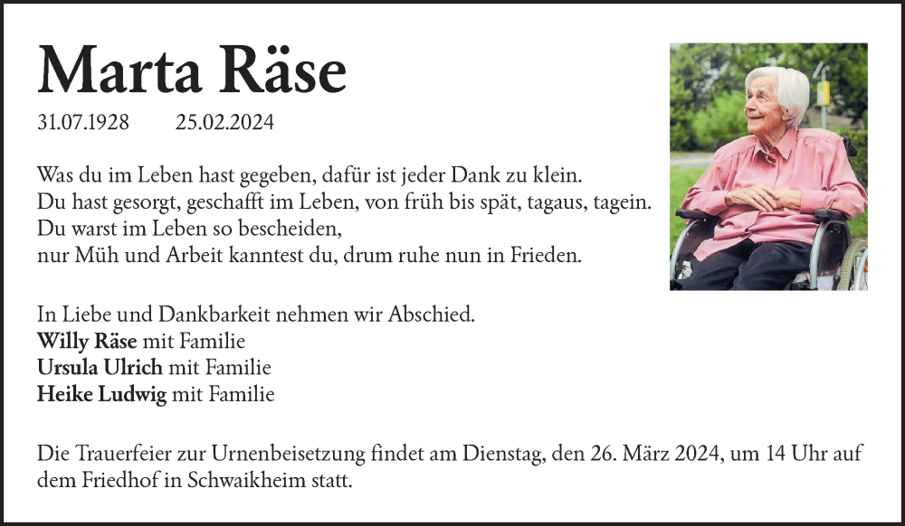  Traueranzeige für Marta Räse vom 16.03.2024 aus Waiblinger Kreiszeitung