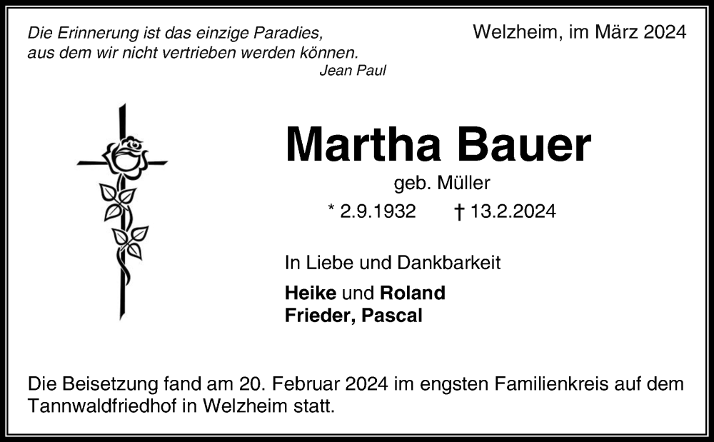  Traueranzeige für Martha Bauer vom 01.03.2024 aus Waiblinger Kreiszeitung