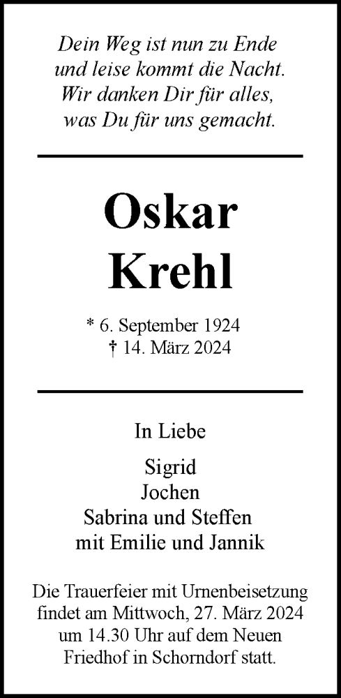 Traueranzeige von Oskar Krehl von Waiblinger Kreiszeitung