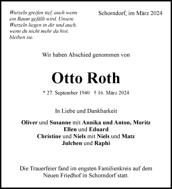 Traueranzeige von Otto Roth von Waiblinger Kreiszeitung