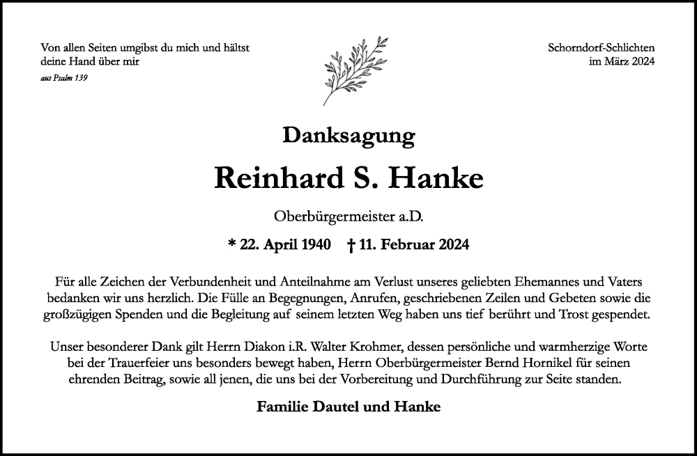  Traueranzeige für Reinhard Hanke vom 09.03.2024 aus Waiblinger Kreiszeitung