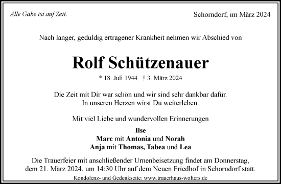 Traueranzeige von Rolf Schützenauer von Waiblinger Kreiszeitung