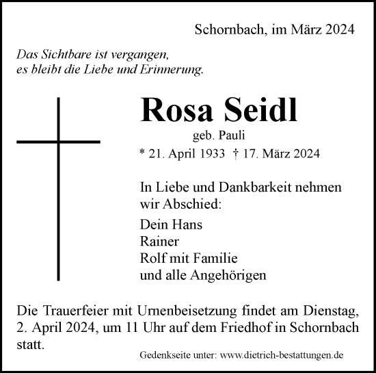 Traueranzeige von Rosa Seidl von Waiblinger Kreiszeitung