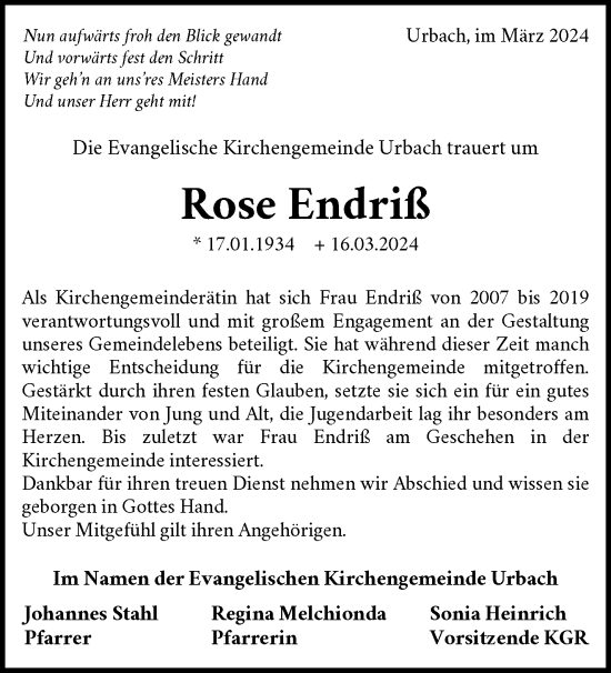 Traueranzeige von Rose Endriß von Waiblinger Kreiszeitung