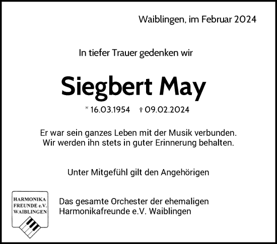 Traueranzeige von Siegbert May von Waiblinger Kreiszeitung