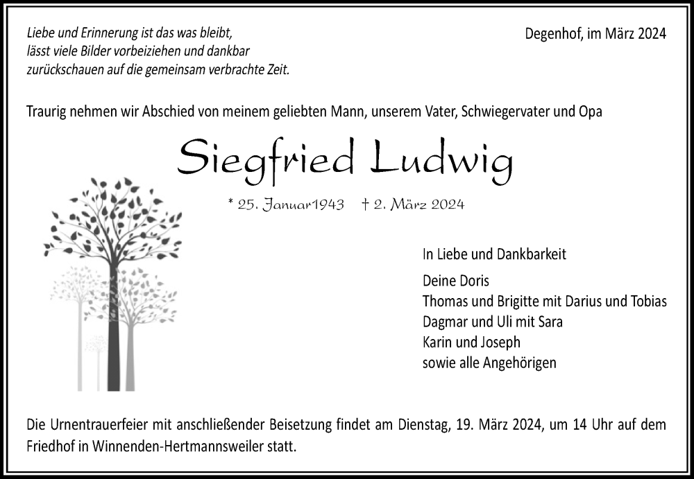  Traueranzeige für Siegfried Ludwig  vom 12.03.2024 aus Waiblinger Kreiszeitung