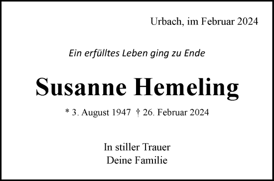 Traueranzeige von Susanne Hemeling von Waiblinger Kreiszeitung