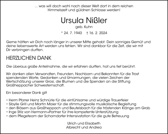 Traueranzeige von Ursula Nißler von Waiblinger Kreiszeitung