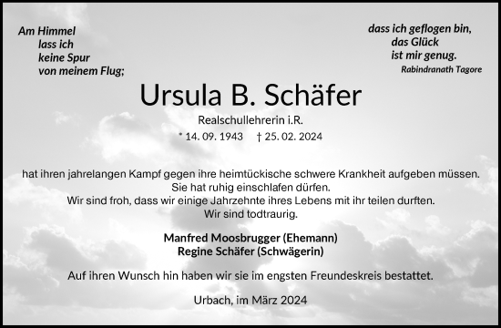 Traueranzeige von Ursula Schäfer von Waiblinger Kreiszeitung