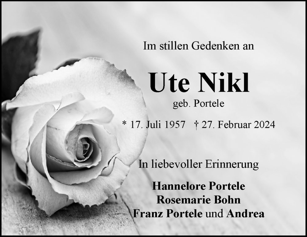  Traueranzeige für Ute Nikl vom 26.03.2024 aus Waiblinger Kreiszeitung