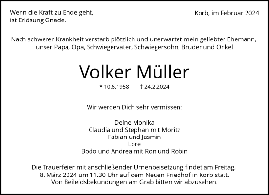 Traueranzeige von Volker Müller von Waiblinger Kreiszeitung