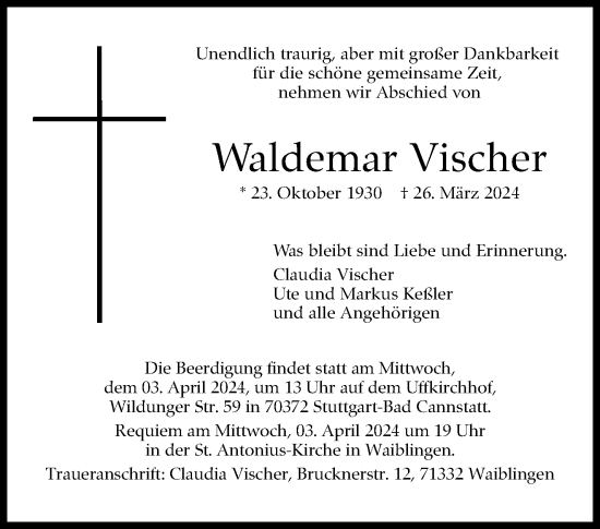 Traueranzeige von Waldemar Vischer von Waiblinger Kreiszeitung