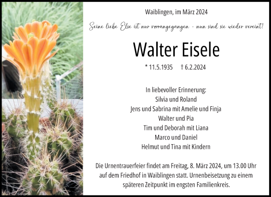 Traueranzeige von Walter Eisele von Waiblinger Kreiszeitung