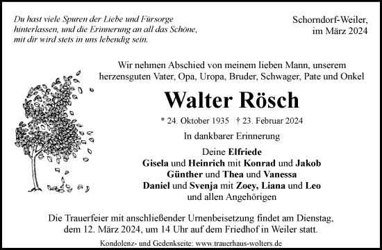 Traueranzeige von Walter Rösch von Waiblinger Kreiszeitung