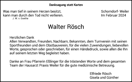 Traueranzeige von Walter Rösch von Waiblinger Kreiszeitung
