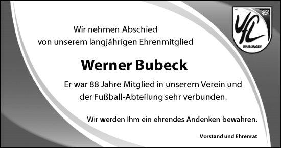 Traueranzeige von Werner Bubeck von Waiblinger Kreiszeitung