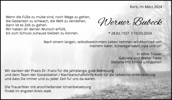 Traueranzeige von Werner Bubeck von Waiblinger Kreiszeitung