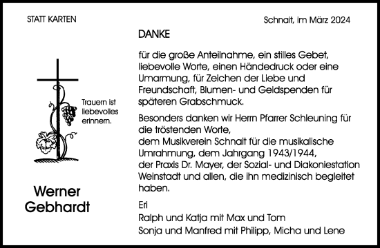 Traueranzeige von Werner Gebhardt von Waiblinger Kreiszeitung