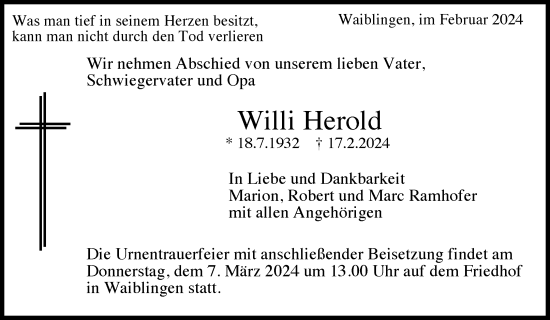 Traueranzeige von Willy Herold von Waiblinger Kreiszeitung