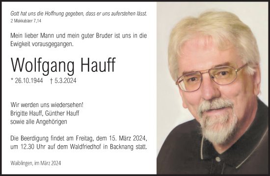 Traueranzeige von Wolfgang Hauff von Waiblinger Kreiszeitung