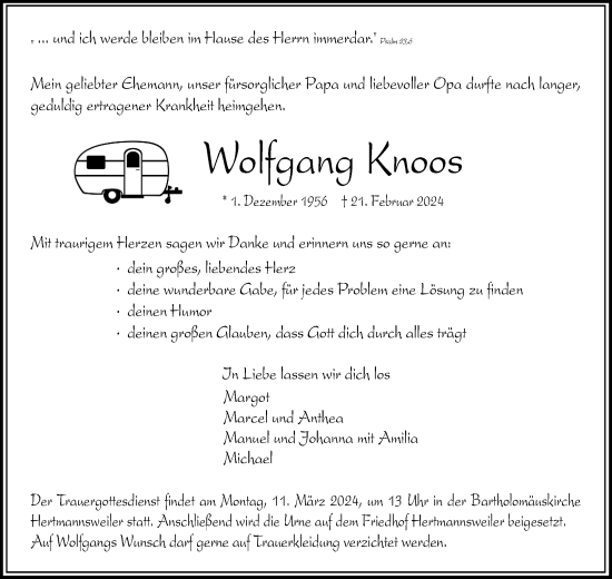 Traueranzeige von Wolfgang Knoos von Waiblinger Kreiszeitung