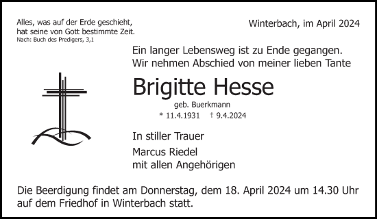 Traueranzeige von Brigitte Hesse von Waiblinger Kreiszeitung