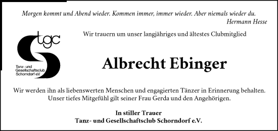 Traueranzeige von Albrecht Ebinger von Waiblinger Kreiszeitung