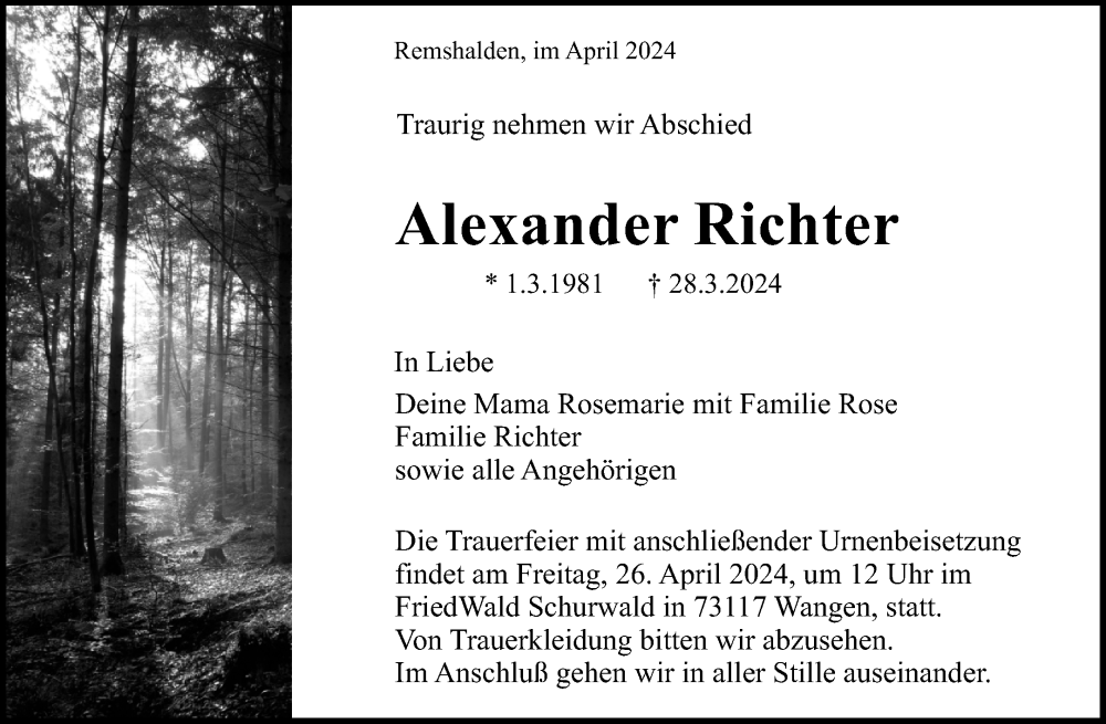  Traueranzeige für Alexander Richter vom 19.04.2024 aus Waiblinger Kreiszeitung