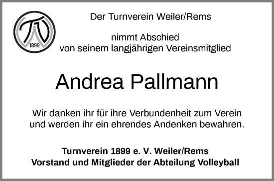 Traueranzeige von Andrea Pallmann von Waiblinger Kreiszeitung