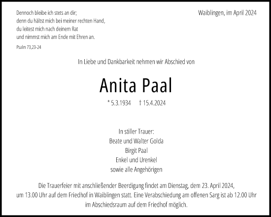 Traueranzeige von Anita Paal von Waiblinger Kreiszeitung
