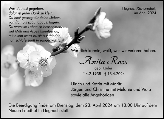 Traueranzeige von Anita Roos von Waiblinger Kreiszeitung