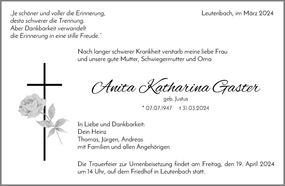  Traueranzeige für Anita Katharina Gaster vom 13.04.2024 aus Waiblinger Kreiszeitung