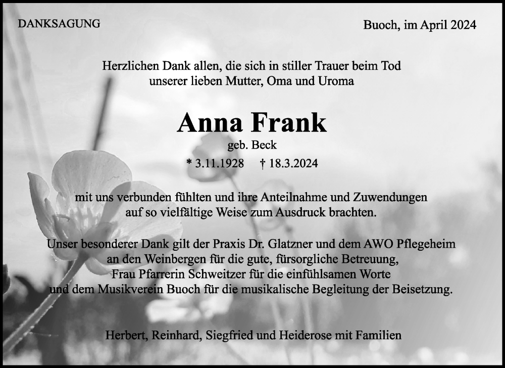  Traueranzeige für Anna Frank vom 13.04.2024 aus Waiblinger Kreiszeitung