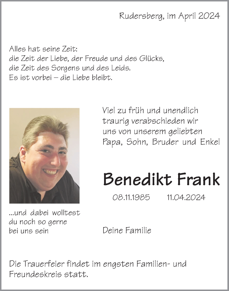  Traueranzeige für Benedikt Frank vom 27.04.2024 aus Waiblinger Kreiszeitung