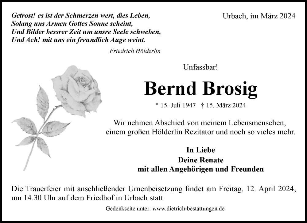  Traueranzeige für Bernd Brosig vom 05.04.2024 aus Waiblinger Kreiszeitung
