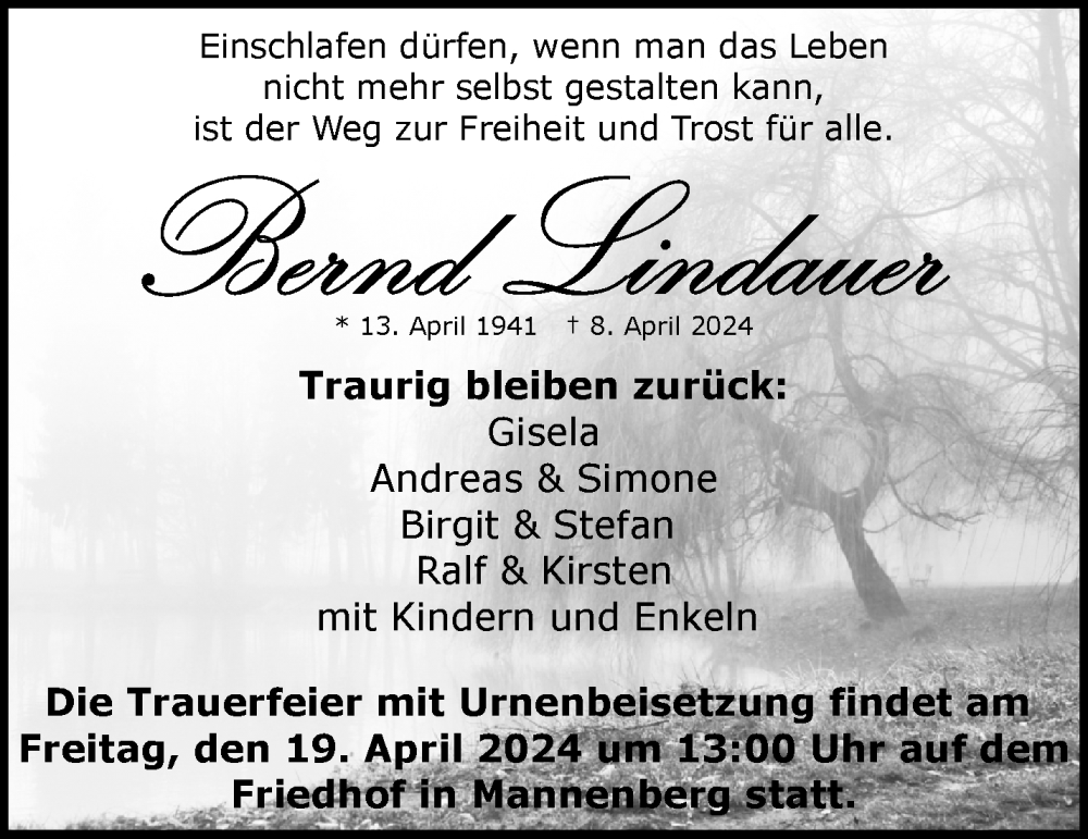  Traueranzeige für Bernd Lindauer vom 16.04.2024 aus Waiblinger Kreiszeitung