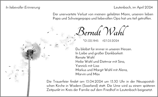 Traueranzeige von Berndt Wahl von Waiblinger Kreiszeitung