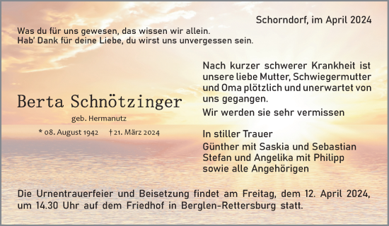 Traueranzeige von Berta Schnötzinger von Waiblinger Kreiszeitung